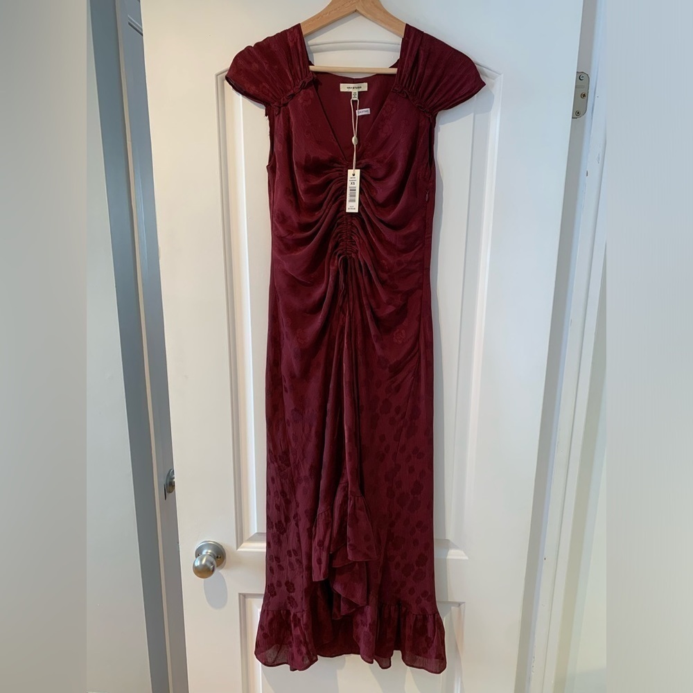 NWT Max Studio Dress Maxi Ruffled Hem Size XS Burgundy Raspberry Color